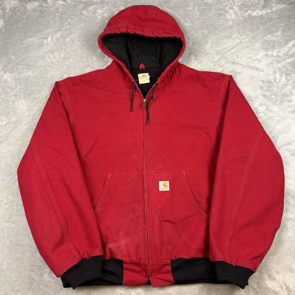 Vintage Carhartt J131 Red Hooded Duck Active Jacket Blanket Lined 2XL USA